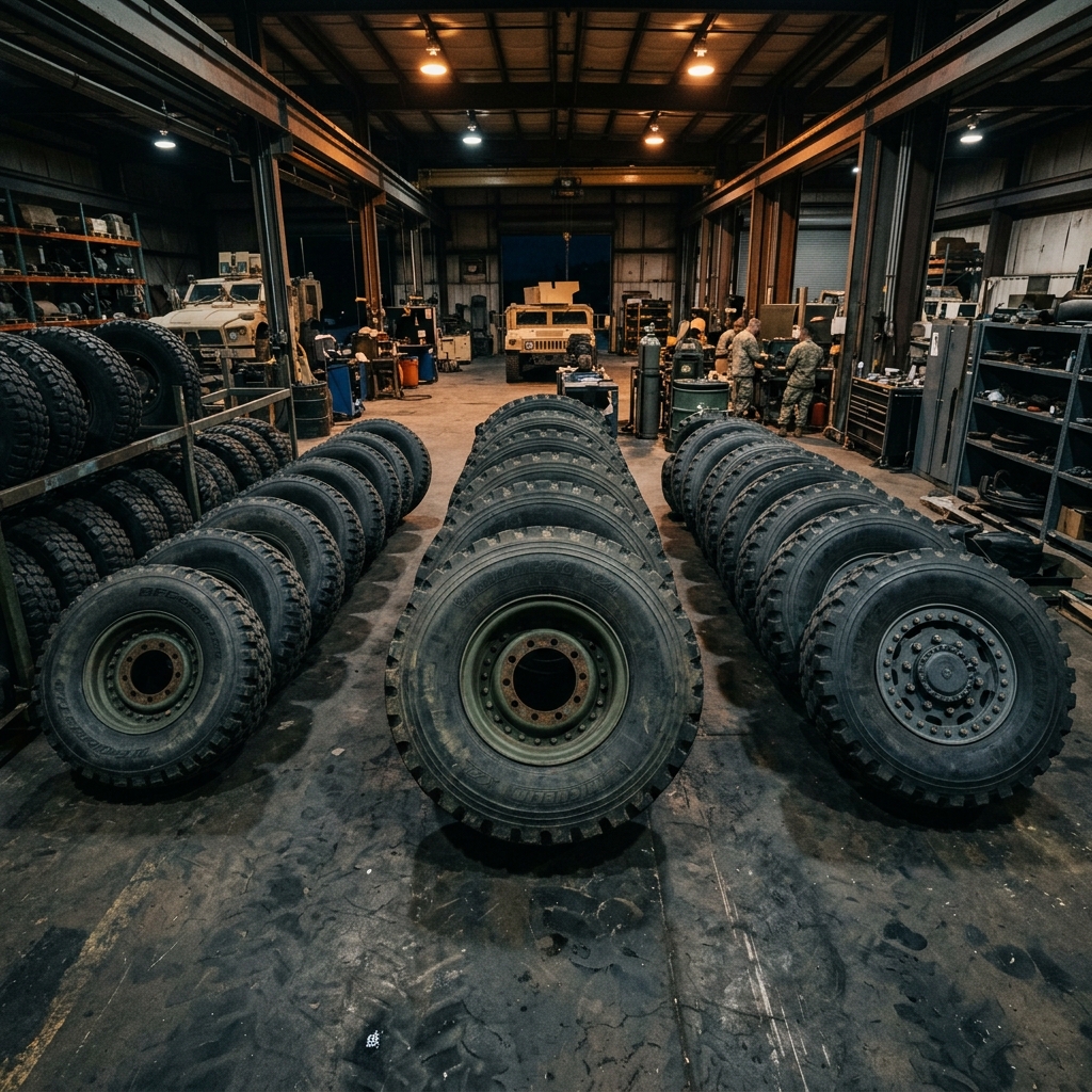 Military tactical tires lined up in maintenance depot for compatibility assessment