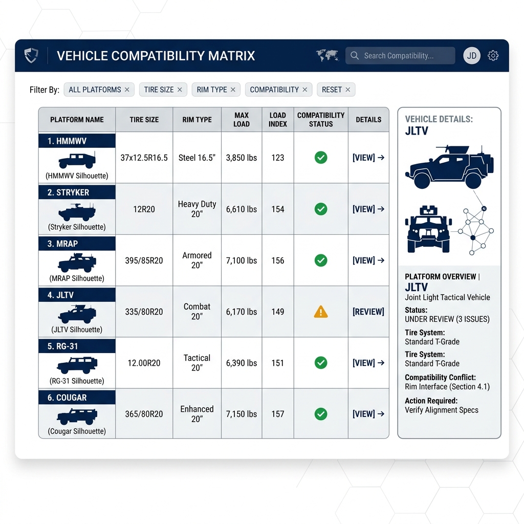 Military Vehicle Compatibility Matrix dashboard showing HMMWV, Stryker, MRAP, JLTV platform compatibility data