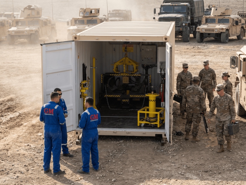 Containerized run-flat workshop deployed in desert environment with military personnel