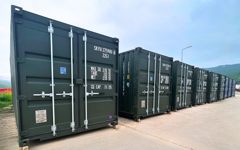 Military-grade ISO containers lined up and ready for worldwide deployment