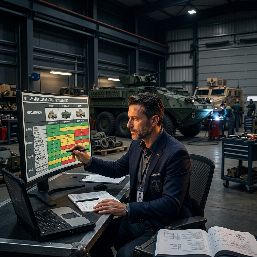 Defense procurement specialist reviewing military vehicle compatibility matrix with HMMWV, Stryker, MRAP data