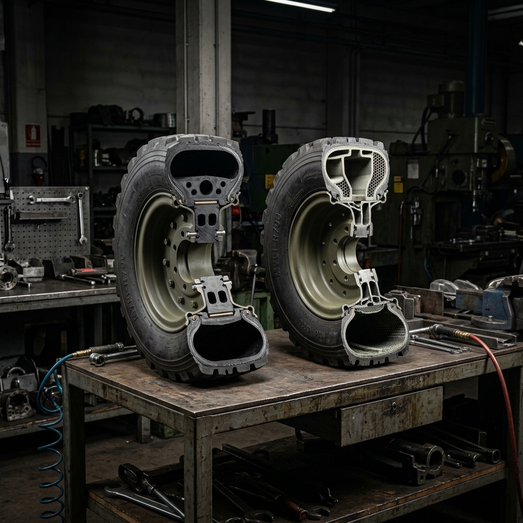 Run-flat insert cross-section view — rubber and composite military tire inserts in industrial workshop