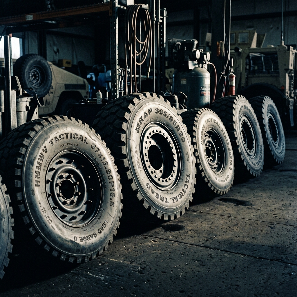 Military tactical tires lined up in maintenance depot — HMMWV and MRAP tire sizes for compatibility assessment