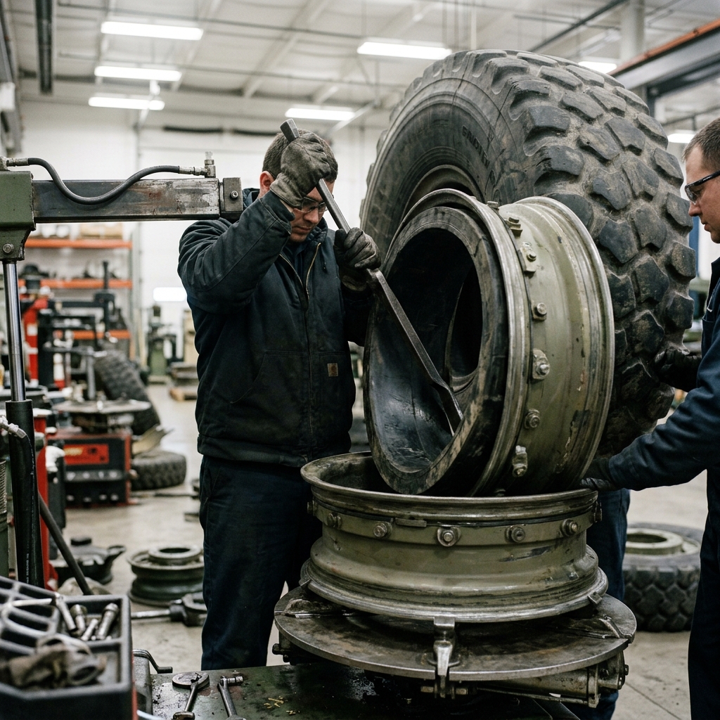 Heavy military tire maintenance in a professional depot facility