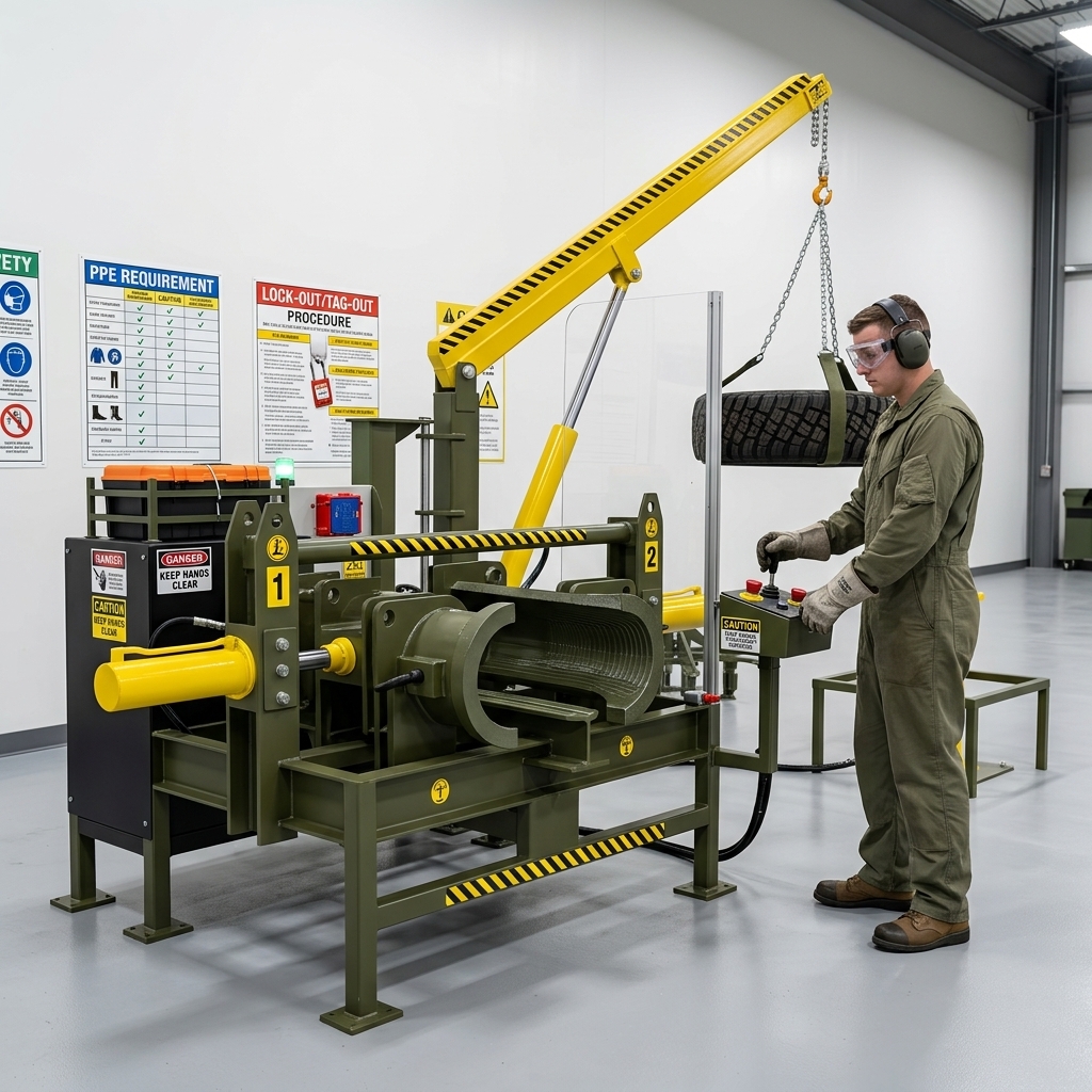 Military tire disassembly safety operations with PPE and hydraulic equipment