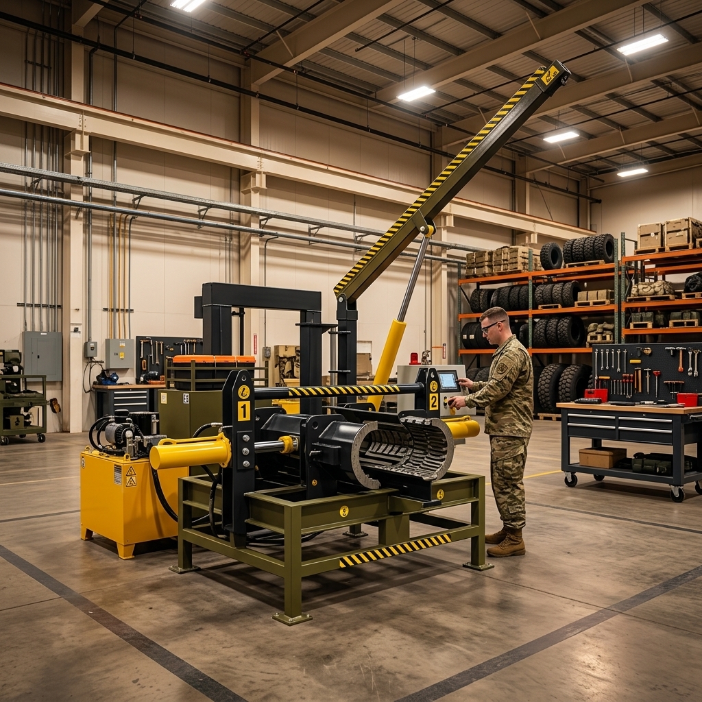 GM Defensive Workshop model run-flat tire changing machine in military maintenance facility