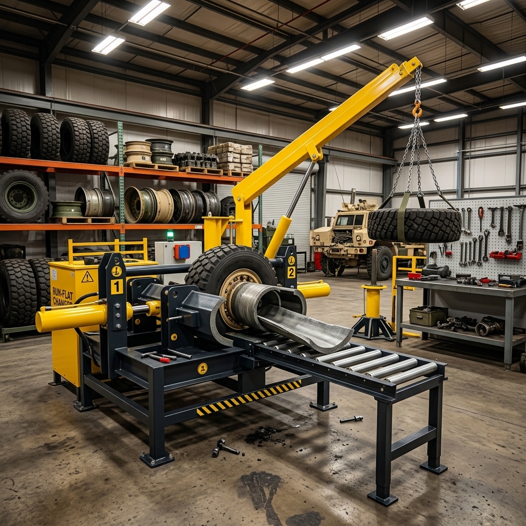 Hydraulic press extracting run-flat insert from military wheel assembly