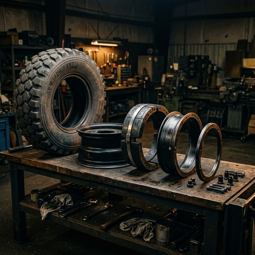 Multi-piece military rim assembly components on a maintenance workbench
