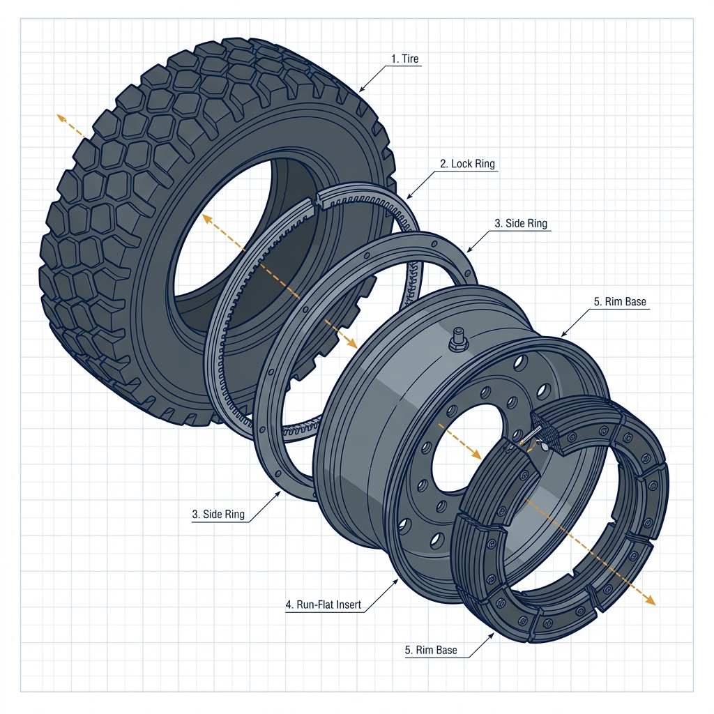 Exploded view of multi-piece military rim assembly — tire, lock ring, side ring, insert, rim base