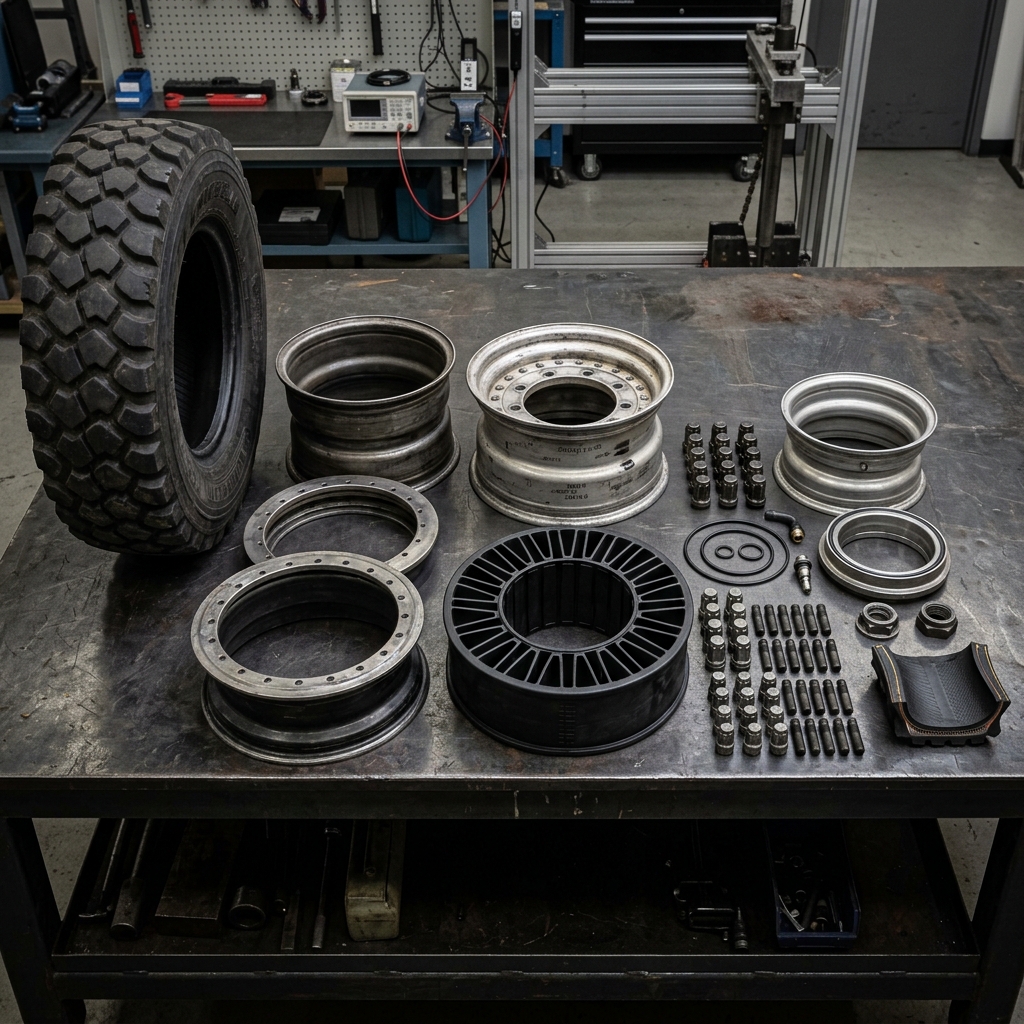 Military vehicle multi-piece rim components and run-flat insert assembly on workshop bench