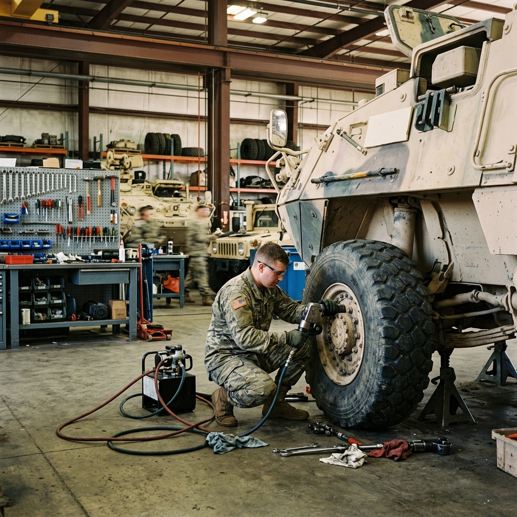 Military technician servicing armored vehicle tire in depot maintenance facility