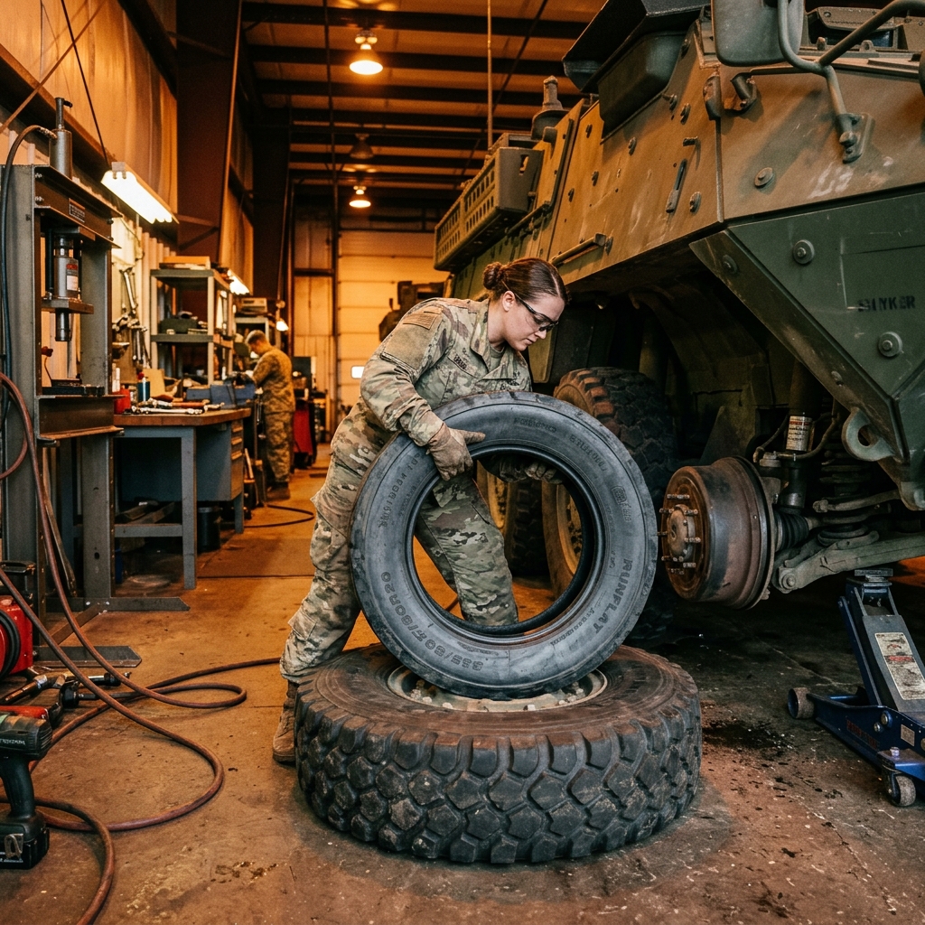 Military soldier handling run-flat tire assembly for armored vehicle maintenance
