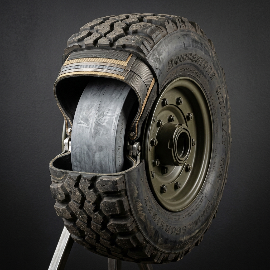 Military run-flat tire cross-section with insert and multi-piece rim assembly