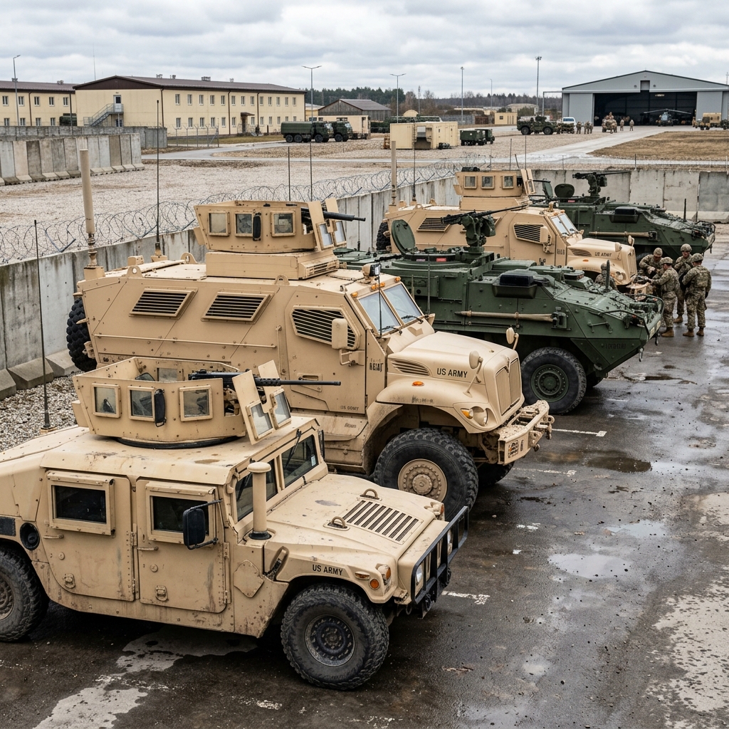 Military armored vehicle fleet lineup at forward operating base