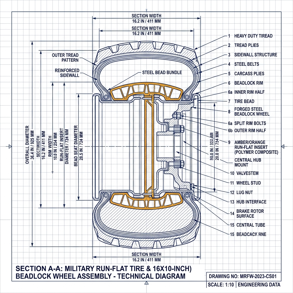 Technical cross-section of military run-flat tire and rim assembly