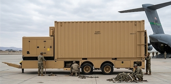 Mobile trailer run-flat machine deployed at military airfield