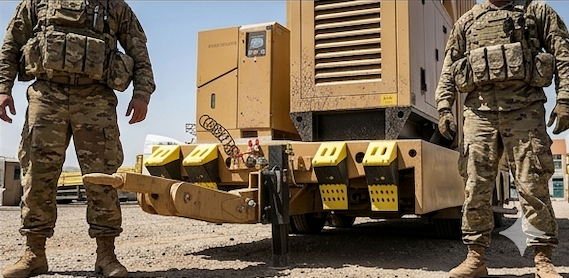 Trailer run-flat machine in desert field operations alongside JLTV convoy with soldiers