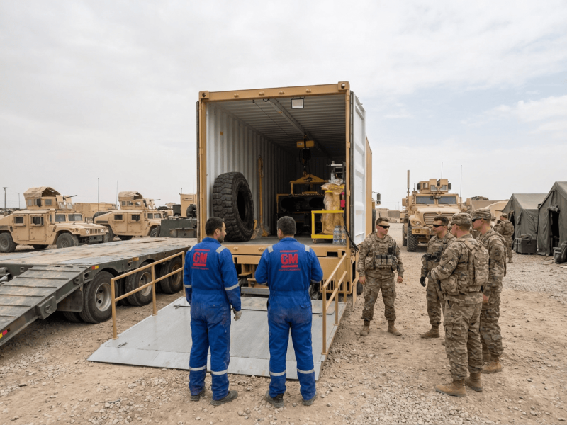 GM Defensive crew and military personnel operating trailer-mounted workshop in field