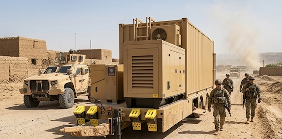 Close-up detail of trailer tow bar and heavy-duty chassis components with military personnel