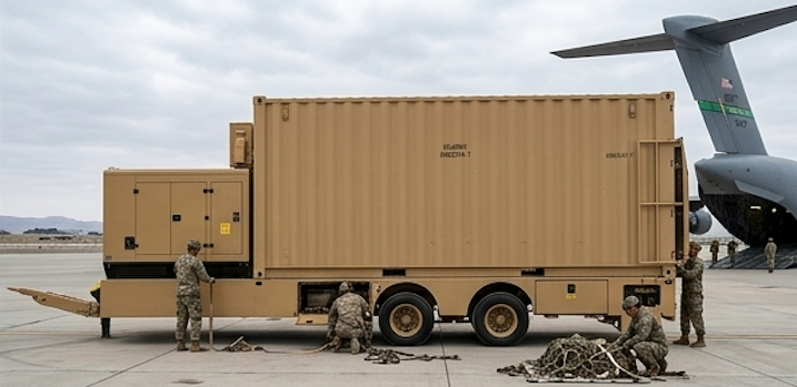 GM Defensive Trailer Model — mobile trailer-mounted run-flat tire changing system at military airfield