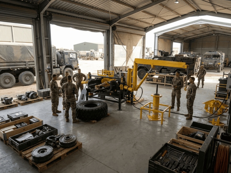Military contractor team with GM Defensive Workshop model machine at forward base