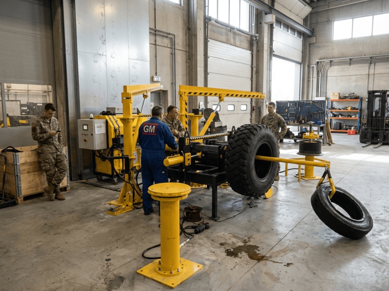 GM Defensive Workshop model tire changing machine with military personnel at depot